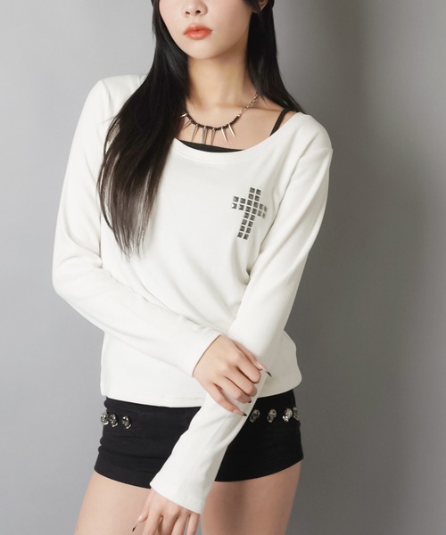 SPINNS(スピンズ)の「ギャル復活★スタッズが光る起毛テレコロンT(Tシャツ/カットソー・レディース・オフホワイト/杢グレー/ブラック・ONESIZE)」の19枚目の写真