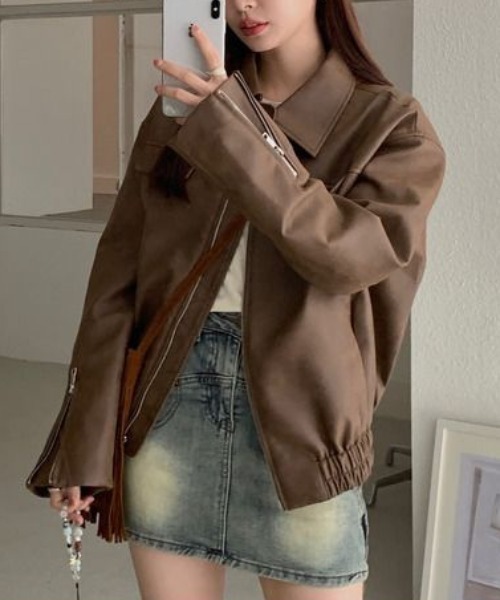 gossip!ロサンゼルス(ゴシップロサンゼルス)の「ジップアップ PUレザールーズジャケット(ライダースジャケット・レディース・ブラウン/ブラック・M/L)」の3枚目の写真