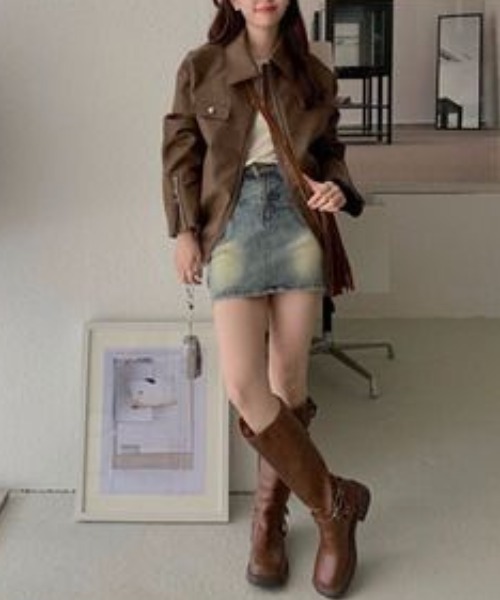 gossip!ロサンゼルス(ゴシップロサンゼルス)の「ジップアップ PUレザールーズジャケット(ライダースジャケット・レディース・ブラウン/ブラック・M/L)」の9枚目の写真