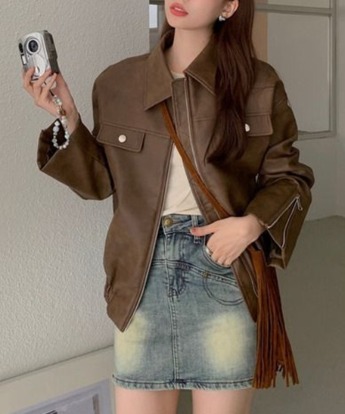 gossip!ロサンゼルス(ゴシップロサンゼルス)の「ジップアップ PUレザールーズジャケット(ライダースジャケット・レディース・ブラウン/ブラック・M/L)」の5枚目の写真