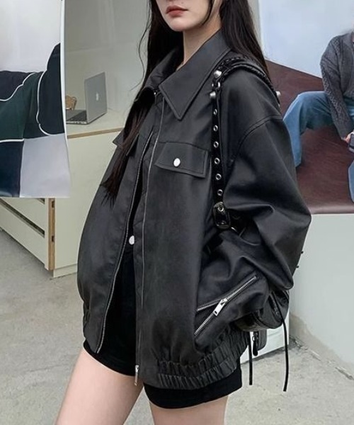 gossip!ロサンゼルス(ゴシップロサンゼルス)の「ジップアップ PUレザールーズジャケット(ライダースジャケット・レディース・ブラウン/ブラック・M/L)」の10枚目の写真