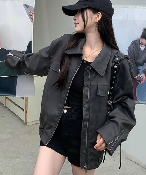 gossip!ロサンゼルス(ゴシップロサンゼルス)の「ジップアップ PUレザールーズジャケット(ライダースジャケット・レディース・ブラウン/ブラック・M/L)」の14枚目の写真