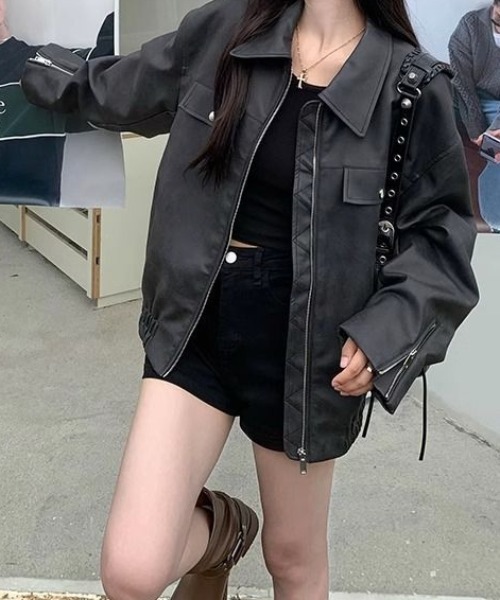 gossip!ロサンゼルス(ゴシップロサンゼルス)の「ジップアップ PUレザールーズジャケット(ライダースジャケット・レディース・ブラウン/ブラック・M/L)」の18枚目の写真