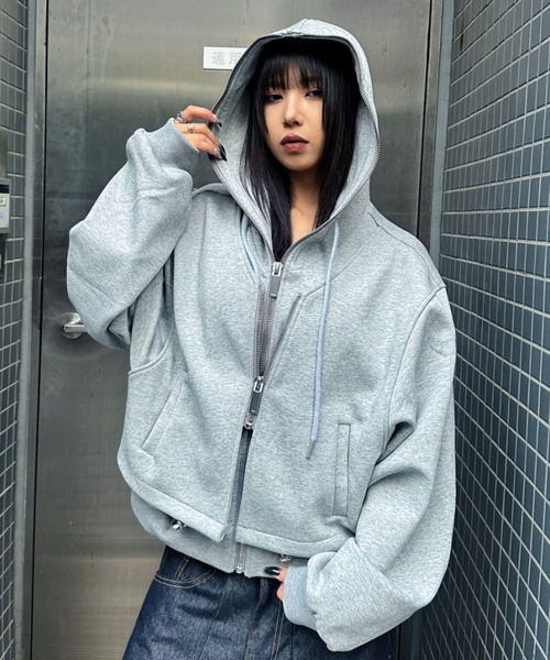 A'gem エージェム　ジップパーカー　チャコールグレー A'GEM/9 × .kom 『A'gem/エージェム』レイヤードジップアップパーカー