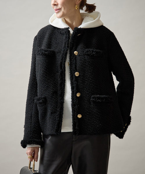 VERMEIL par iena(ヴェルメイユパーイエナ)の「Wool Tweed ジャケット(ノーカラージャケット・レディース・ブラック・36/38)」の1枚目の写真