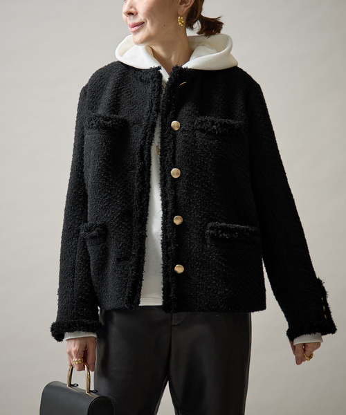 VERMEIL par iena(ヴェルメイユパーイエナ)の「Wool Tweed ジャケット(ノーカラージャケット・レディース・ブラック・36/38)」の2枚目の写真