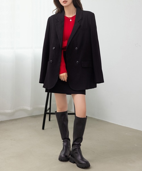 DAY CLOSET（デイ クローゼット）の「【セットアップ/肩パッド・ぺチパンツ付き/バックゴム】オンオフ問わず使える。長袖テーラードジャケット+ミニスカート+クロシェ編みストール ３点セット レディース（セットアップ・レディース・ブラック/ダークブラウン/ダークネイビー・S/M）」の7枚目の写真