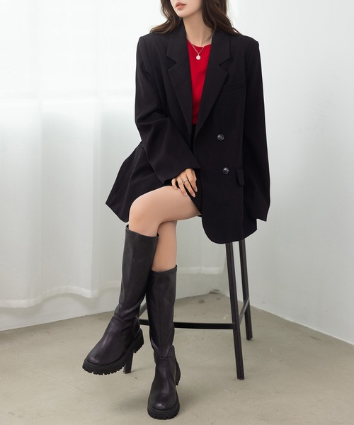 DAY CLOSET（デイ クローゼット）の「【セットアップ/肩パッド・ぺチパンツ付き/バックゴム】オンオフ問わず使える。長袖テーラードジャケット+ミニスカート+クロシェ編みストール ３点セット レディース（セットアップ・レディース・ブラック/ダークブラウン/ダークネイビー・S/M）」の8枚目の写真