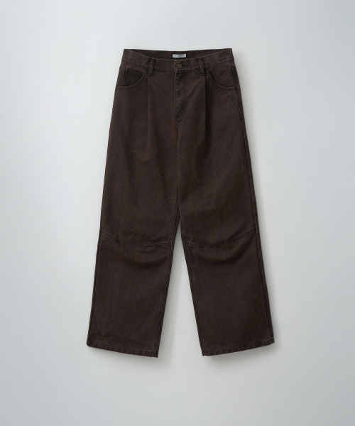 BROWN DIRTY WASHED OXFORD WIDE TUCK PANTS