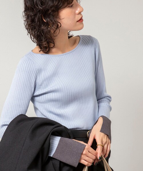 NOLLEY’S Sophi（ノーリーズソフィ）の「《手洗い可能》ウール混ワイドリブ袖口配色プルオーバー（ニット/セーター・レディース・ダークネイビー/サックスブルー/グレー・38）」の2枚目の写真