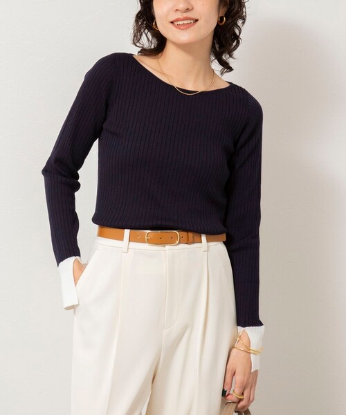 NOLLEY’S Sophi（ノーリーズソフィ）の「《手洗い可能》ウール混ワイドリブ袖口配色プルオーバー（ニット/セーター・レディース・ダークネイビー/サックスブルー/グレー・38）」の3枚目の写真