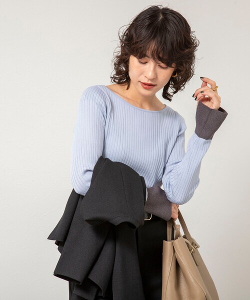 NOLLEY’S Sophi（ノーリーズソフィ）の「《手洗い可能》ウール混ワイドリブ袖口配色プルオーバー（ニット/セーター・レディース・ダークネイビー/サックスブルー/グレー・38）」の7枚目の写真