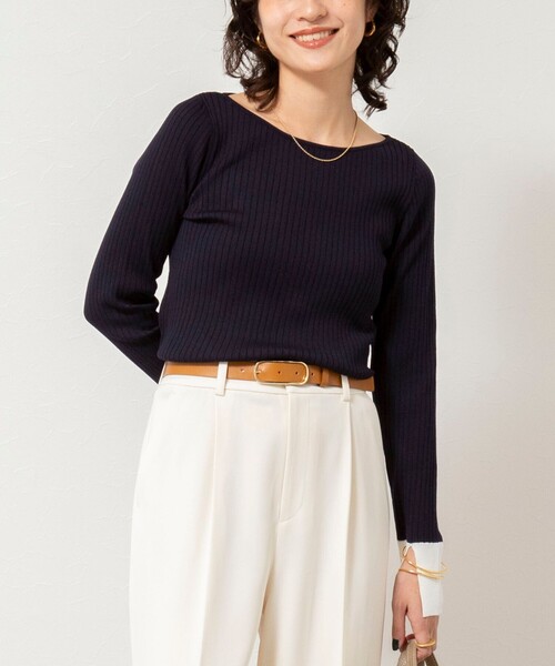 NOLLEY’S Sophi（ノーリーズソフィ）の「《手洗い可能》ウール混ワイドリブ袖口配色プルオーバー（ニット/セーター・レディース・ダークネイビー/サックスブルー/グレー・38）」の19枚目の写真