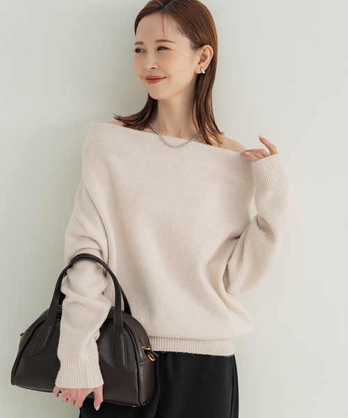 coca(coca)(コカ)の「縮絨ニットワンショルダートップス(ニット/セーター・レディース・ライトベージュ/チャコール・L/M)」の2枚目の写真