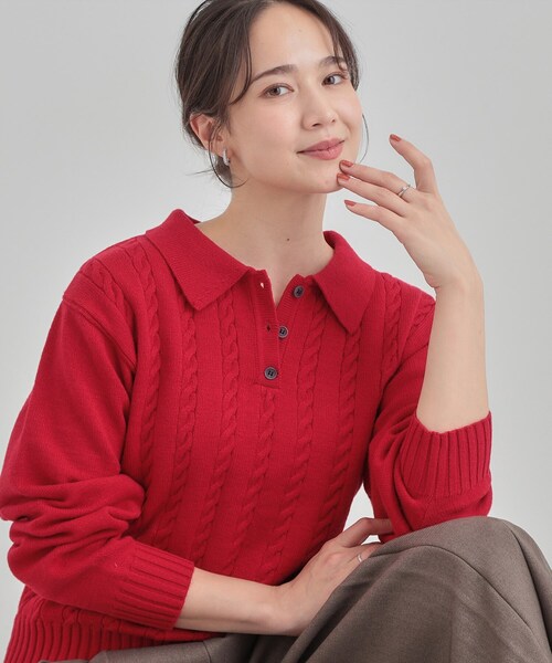 DRESKIP（ドレスキップ）の「【S-LL】配色ボタンがポイント 襟付きケーブルニット（ニット/セーター・レディース・オフホワイト/グレー/ワインレッド・04/03/02/01）」の3枚目の写真
