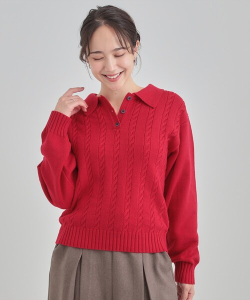 DRESKIP（ドレスキップ）の「【S-LL】配色ボタンがポイント 襟付きケーブルニット（ニット/セーター・レディース・オフホワイト/グレー/ワインレッド・04/03/02/01）」の11枚目の写真