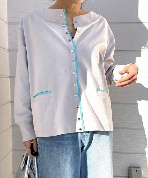 Q（キュー）の「ミニ裏毛ラインボックスカーデ（カーディガン/ボレロ・レディース・ライトグレー/ネイビー・MEDIUM）」の22枚目の写真