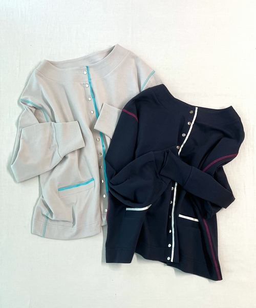 Q（キュー）の「ミニ裏毛ラインボックスカーデ（カーディガン/ボレロ・レディース・ライトグレー/ネイビー・MEDIUM）」の5枚目の写真