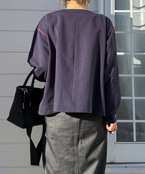 Q（キュー）の「ミニ裏毛ラインボックスカーデ（カーディガン/ボレロ・レディース・ライトグレー/ネイビー・MEDIUM）」の13枚目の写真