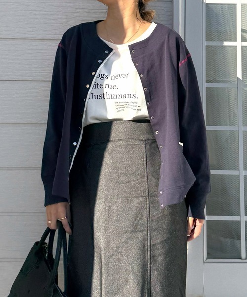 Q（キュー）の「ミニ裏毛ラインボックスカーデ（カーディガン/ボレロ・レディース・ライトグレー/ネイビー・MEDIUM）」の21枚目の写真