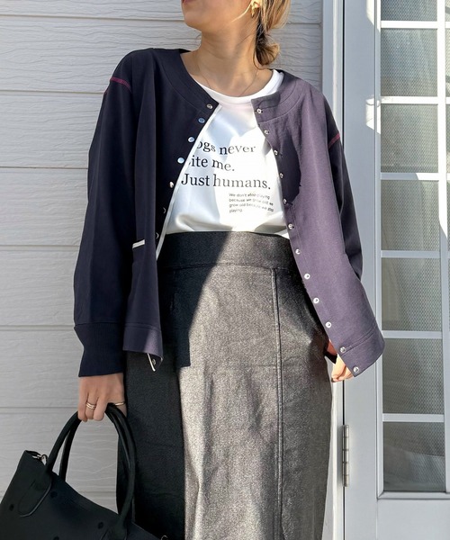 Q（キュー）の「ミニ裏毛ラインボックスカーデ（カーディガン/ボレロ・レディース・ライトグレー/ネイビー・MEDIUM）」の20枚目の写真