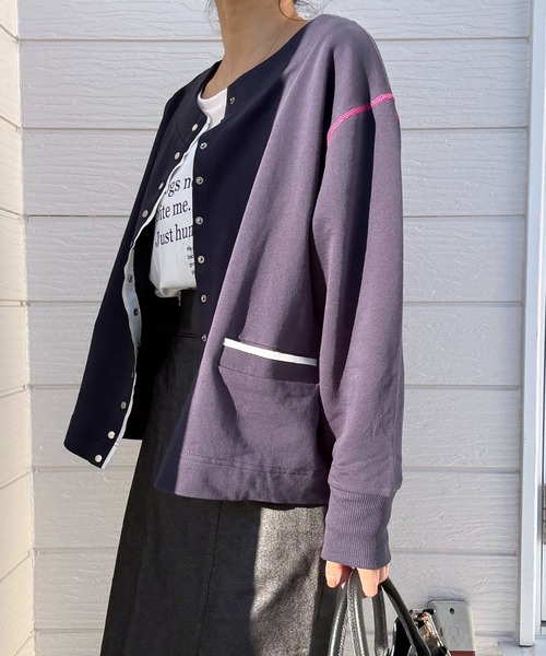Q（キュー）の「ミニ裏毛ラインボックスカーデ（カーディガン/ボレロ・レディース・ライトグレー/ネイビー・MEDIUM）」の15枚目の写真