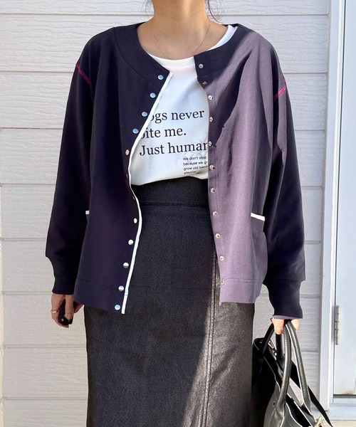 Q（キュー）の「ミニ裏毛ラインボックスカーデ（カーディガン/ボレロ・レディース・ライトグレー/ネイビー・MEDIUM）」の19枚目の写真