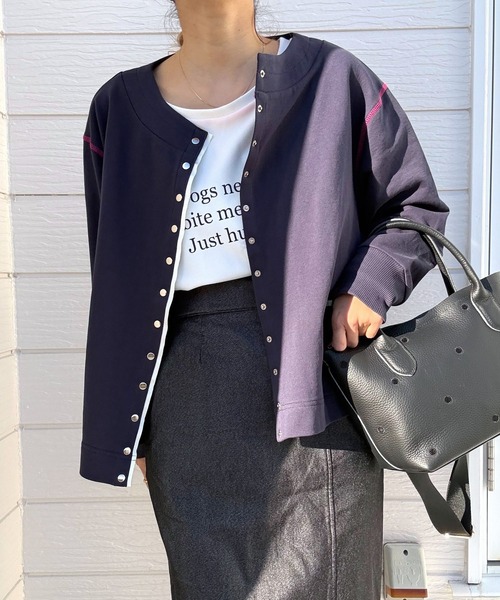 Q（キュー）の「ミニ裏毛ラインボックスカーデ（カーディガン/ボレロ・レディース・ライトグレー/ネイビー・MEDIUM）」の17枚目の写真