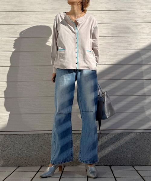 Q（キュー）の「ミニ裏毛ラインボックスカーデ（カーディガン/ボレロ・レディース・ライトグレー/ネイビー・MEDIUM）」の12枚目の写真