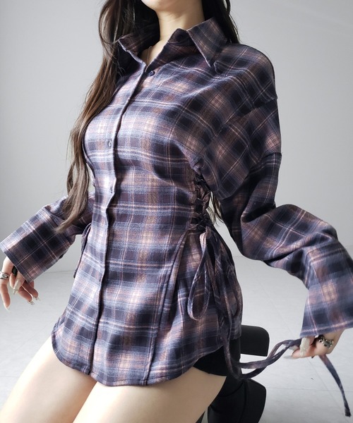me+em select(ミームセレクト)の「【 新色ピンク追加! 】レースアップリボンスリムラインチェックネルシャツ / lace up ribbon slim line check flannel shirt(シャツ/ブラウス・レディース・ブラック/ピンク・FREE)」の2枚目の写真