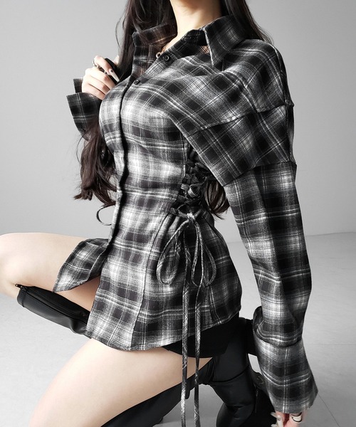 me+em select(ミームセレクト)の「【 新色ピンク追加! 】レースアップリボンスリムラインチェックネルシャツ / lace up ribbon slim line check flannel shirt(シャツ/ブラウス・レディース・ブラック/ピンク・FREE)」の1枚目の写真