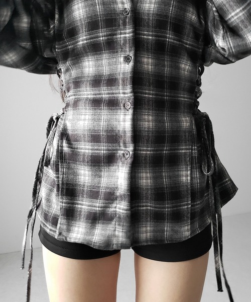 me+em select(ミームセレクト)の「【 新色ピンク追加! 】レースアップリボンスリムラインチェックネルシャツ / lace up ribbon slim line check flannel shirt(シャツ/ブラウス・レディース・ブラック/ピンク・FREE)」の16枚目の写真