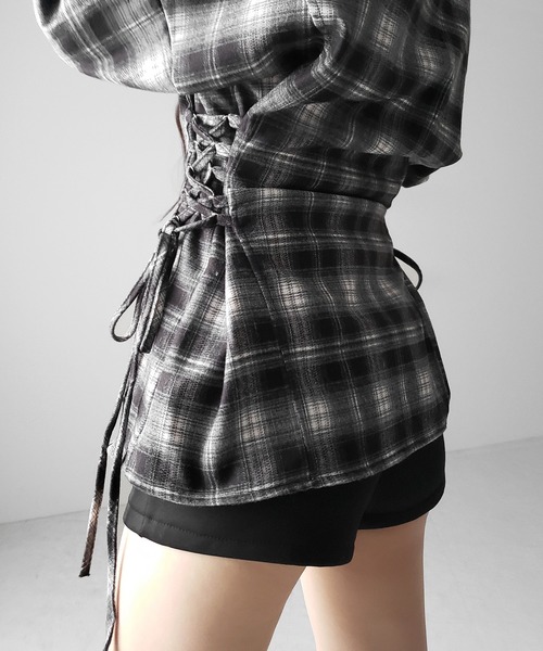 me+em select(ミームセレクト)の「【 新色ピンク追加! 】レースアップリボンスリムラインチェックネルシャツ / lace up ribbon slim line check flannel shirt(シャツ/ブラウス・レディース・ブラック/ピンク・FREE)」の14枚目の写真