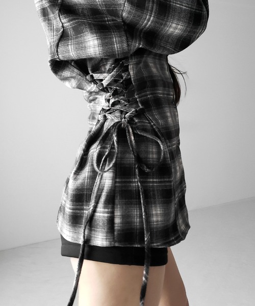 me+em select(ミームセレクト)の「【 新色ピンク追加! 】レースアップリボンスリムラインチェックネルシャツ / lace up ribbon slim line check flannel shirt(シャツ/ブラウス・レディース・ブラック/ピンク・FREE)」の15枚目の写真
