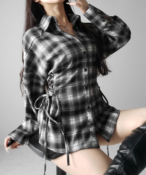 me+em select(ミームセレクト)の「【 新色ピンク追加! 】レースアップリボンスリムラインチェックネルシャツ / lace up ribbon slim line check flannel shirt(シャツ/ブラウス・レディース・ブラック/ピンク・FREE)」の10枚目の写真