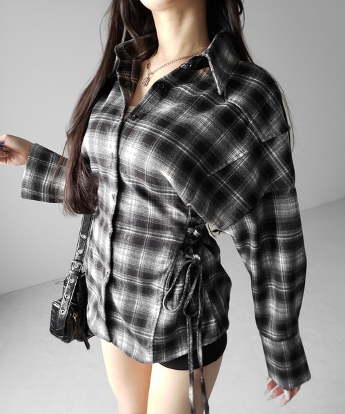 me+em select(ミームセレクト)の「【 新色ピンク追加! 】レースアップリボンスリムラインチェックネルシャツ / lace up ribbon slim line check flannel shirt(シャツ/ブラウス・レディース・ブラック/ピンク・FREE)」の18枚目の写真