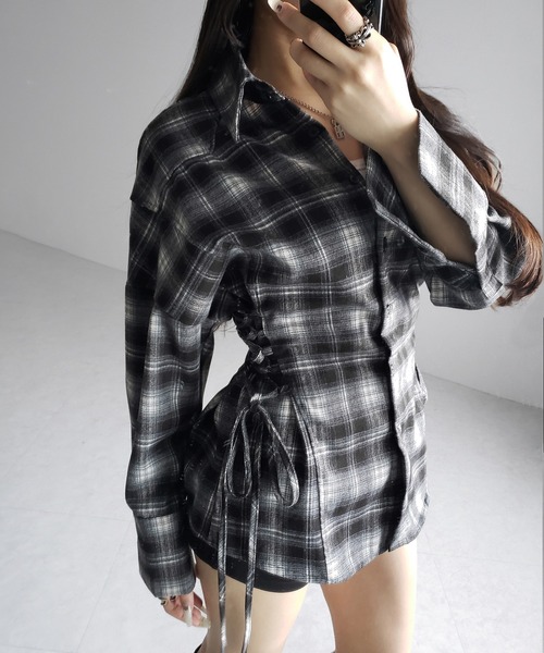 me+em select(ミームセレクト)の「【 新色ピンク追加! 】レースアップリボンスリムラインチェックネルシャツ / lace up ribbon slim line check flannel shirt(シャツ/ブラウス・レディース・ブラック/ピンク・FREE)」の19枚目の写真