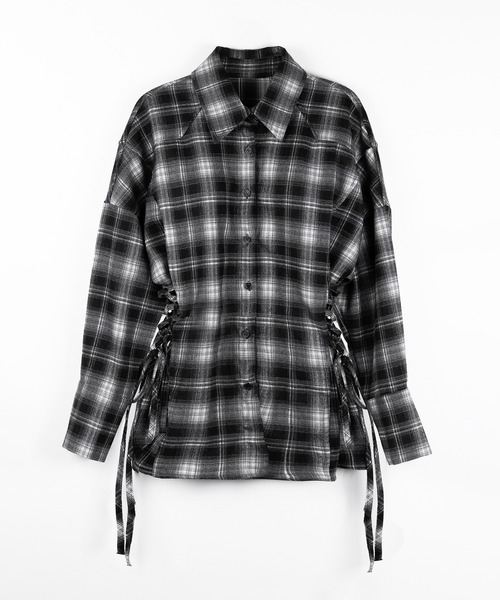 me+em select(ミームセレクト)の「【 新色ピンク追加! 】レースアップリボンスリムラインチェックネルシャツ / lace up ribbon slim line check flannel shirt(シャツ/ブラウス・レディース・ブラック/ピンク・FREE)」の4枚目の写真