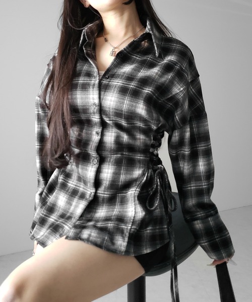 me+em select(ミームセレクト)の「【 新色ピンク追加! 】レースアップリボンスリムラインチェックネルシャツ / lace up ribbon slim line check flannel shirt(シャツ/ブラウス・レディース・ブラック/ピンク・FREE)」の6枚目の写真