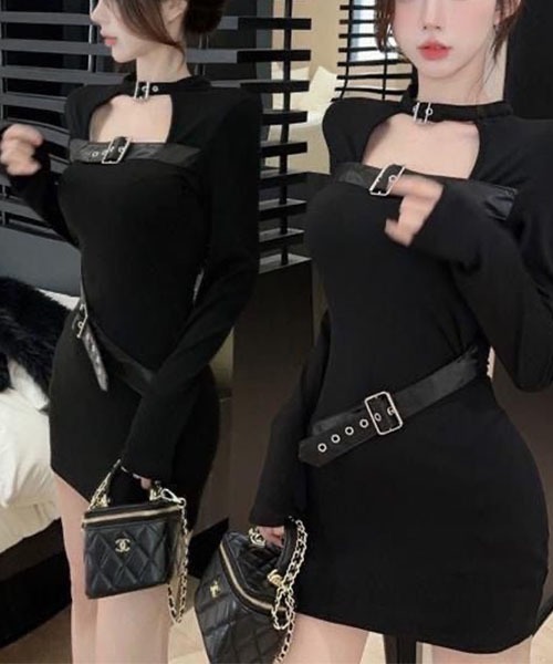 gossip!ロサンゼルス(ゴシップロサンゼルス)の「【Y2K・セクシー】ベルト付きスクエアネック長袖ミニワンピース スリムフィット(ワンピース・レディース・ブラック・M/S)」の13枚目の写真