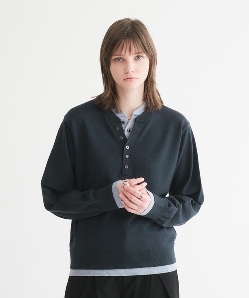 selle glant(セレグランテ)の「LAYERED STYLE HENRY NECK KNIT/レイヤードスタイルヘンリーネックニット(ニット/セーター・メンズ・ブラック×グレー/ネイビー/ブラック×ブルー・SMALL/MEDIUM/LARGE)」の20枚目の写真