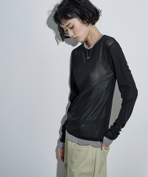 THE YOn（ザヨン）の「レイヤード風バイカラーシアープルオーバー（Tシャツ/カットソー・レディース・アイボリー/ブラック/ブラウン/ピンク・FREE）」の14枚目の写真