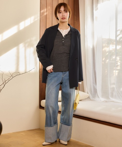 mysty woman（ミスティウーマン）の「【WEB限定】柔らかヘンリーネックロンT　667610（Tシャツ/カットソー・レディース・グレイッシュベージュ/ブラック/ネイビー/チャコールグレー/オフホワイト・FREE）」の6枚目の写真