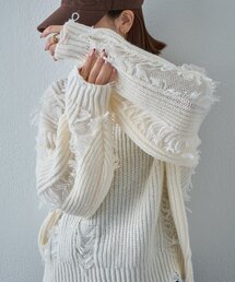 モヘアタッチダメージ風フリンジプルオーバー