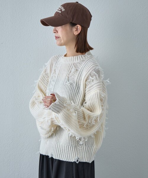 goocy（グーシー）の「モヘアタッチダメージ風フリンジプルオーバー（ニット/セーター・レディース・アイボリー/ブラウン/ネイビー・FREE）」の4枚目の写真