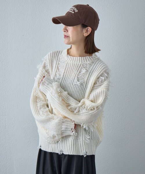goocy（グーシー）の「モヘアタッチダメージ風フリンジプルオーバー（ニット/セーター・レディース・アイボリー/ブラウン/ネイビー・FREE）」の8枚目の写真