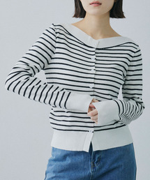 Mirette（ミレット）の「オフネック ボーダーニットカーディガン   Off-Neck Border Knit Cardigan（カーディガン/ボレロ）」