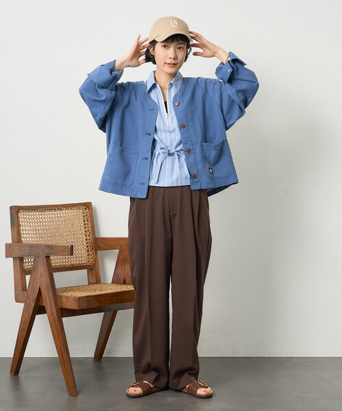 FREAK'S STORE（フリークスストア）の「RED KAP × FREAK'S STORE/レッドキャップ 別注 リネンレーヨンノーカラーVネックジャケット＜セットアップ対応＞（ノーカラージャケット・レディース・ナチュラル/ブルー/ブラック/オリーブ・ﾌﾘ-）」の12枚目の写真