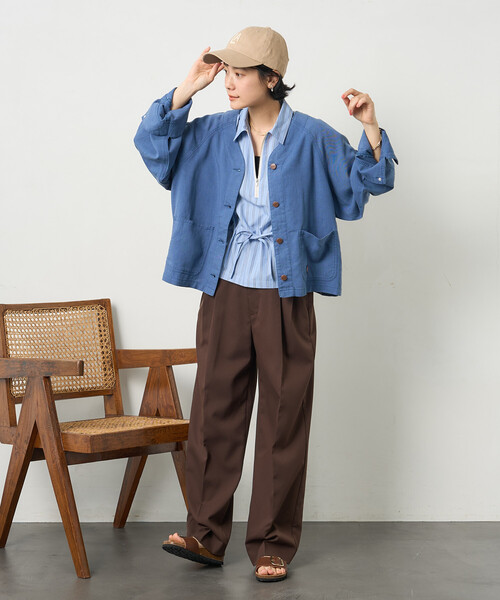 FREAK'S STORE（フリークスストア）の「RED KAP × FREAK'S STORE/レッドキャップ 別注 リネンレーヨンノーカラーVネックジャケット＜セットアップ対応＞（ノーカラージャケット・レディース・ナチュラル/ブルー/ブラック/オリーブ・ﾌﾘ-）」の13枚目の写真