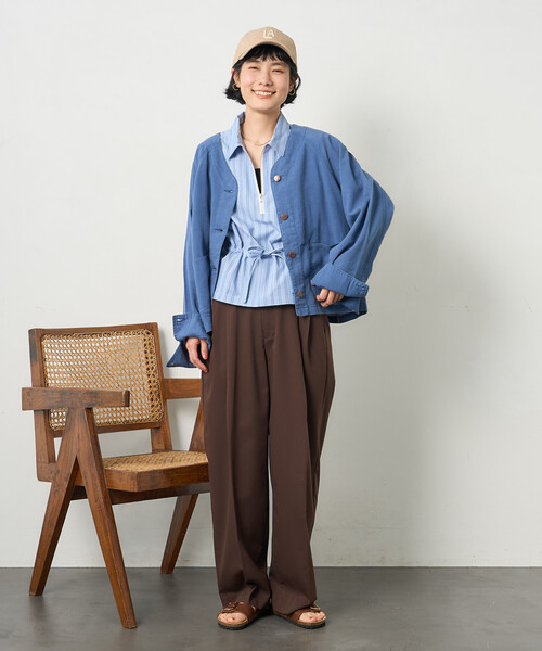 FREAK'S STORE（フリークスストア）の「RED KAP × FREAK'S STORE/レッドキャップ 別注 リネンレーヨンノーカラーVネックジャケット＜セットアップ対応＞（ノーカラージャケット・レディース・ナチュラル/ブルー/ブラック/オリーブ・ﾌﾘ-）」の16枚目の写真